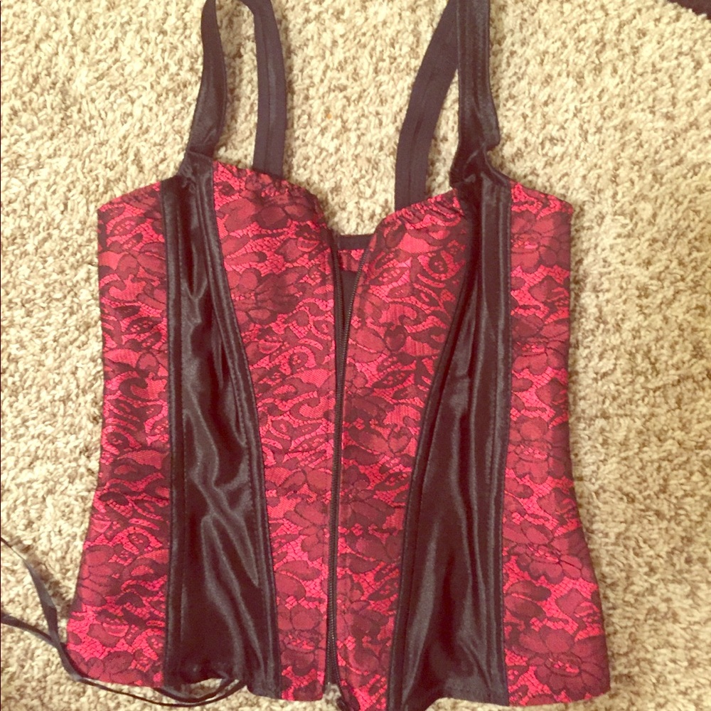 Red bustier corset red black lace medium m laceup